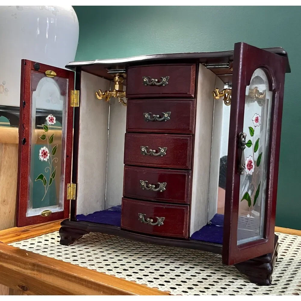 Vintage Wooden Jewelry Armoire Box with Floral Glass Doors & Necklace Carousel